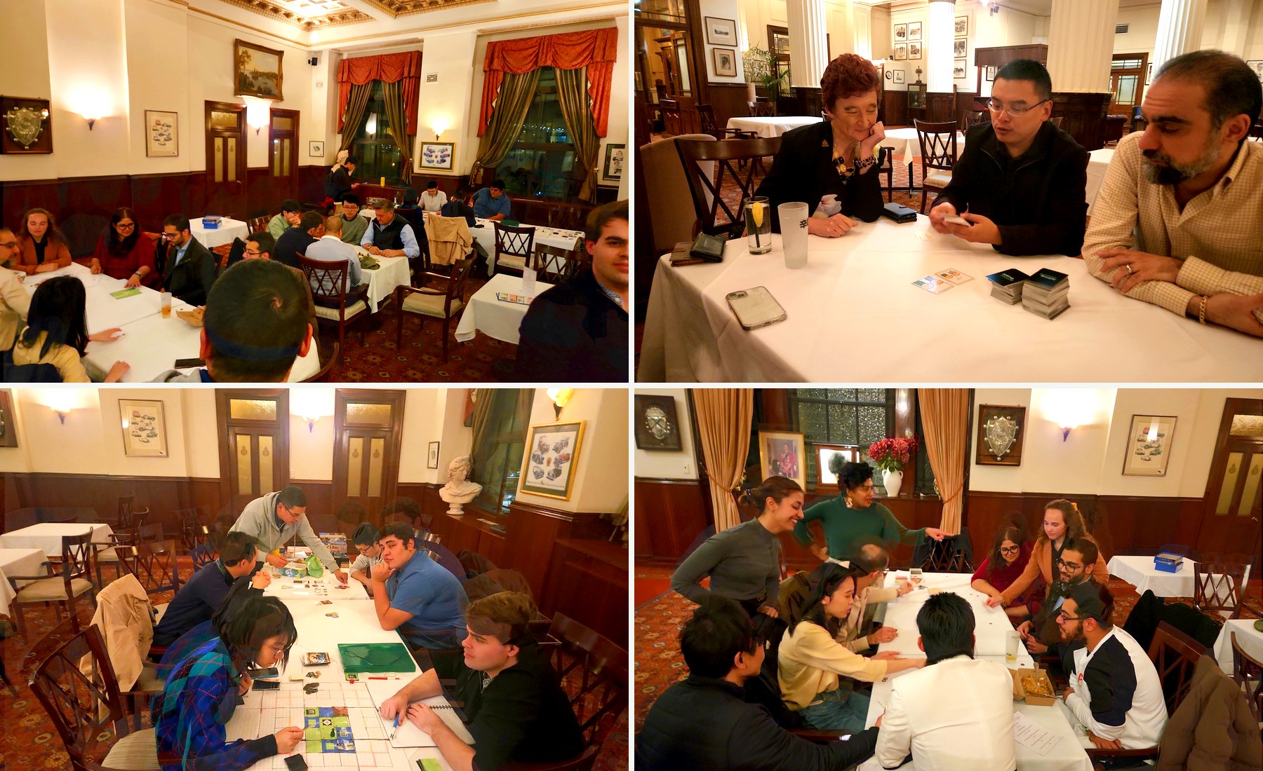 Members playing board games around tables at the Club